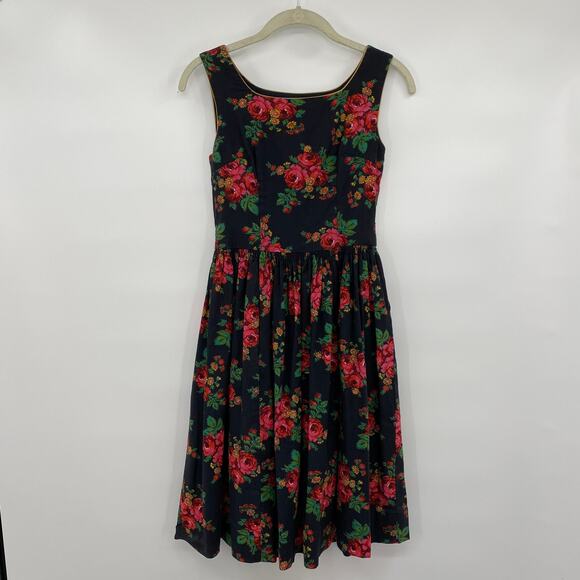 Vintage 60s Dress Fit & Flare Ditsy Floral Rose Print Sleeveless Black Womens XS - Picture 1 of 13